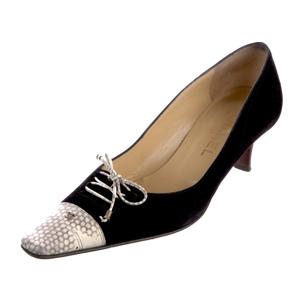 Chanel Suede Kitten Heel Pumps Snakeskin Cap Toe CC Logo Bow Vintage Mules 39 9
